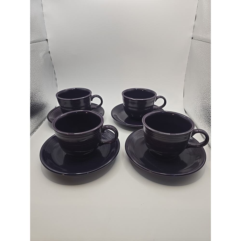 4 Homer Laughlin Fiestaware 3.75” Coffee Cups Mugs & 6” Saucer Plum Purple NICE!